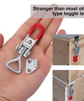 25 pack heavy duty toggle latch clamps deliver 330 lb holding power for wood boxes and woodworking projects, crafted from galvanized carbon steel for rust resistance, durability, and secure closures in hand and on wood. "Stronger than most toggle latches" text overlay.