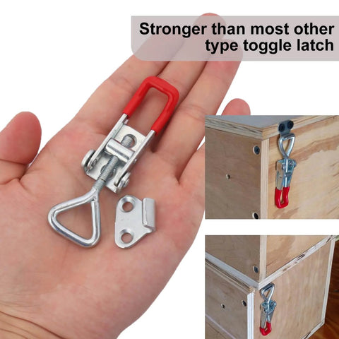 25 pack heavy duty toggle latch clamps deliver 330 lb holding power for wood boxes and woodworking projects, crafted from galvanized carbon steel for rust resistance, durability, and secure closures in hand and on wood. "Stronger than most toggle latches" text overlay.