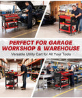 Heavy Duty 3 Tier Tool Cart On Wheels With Drawers And Pegboards For Garage And Workshop, Industrial Steel Rolling Utility Cart With 660 Lbs Load Capacity, Rust Resistant Powder Coated Finish, XCX in various workshop settings