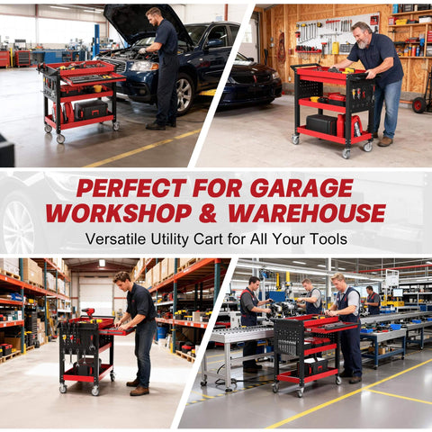 Heavy Duty 3 Tier Tool Cart On Wheels With Drawers And Pegboards For Garage And Workshop, Industrial Steel Rolling Utility Cart With 660 Lbs Load Capacity, Rust Resistant Powder Coated Finish, XCX in various workshop settings