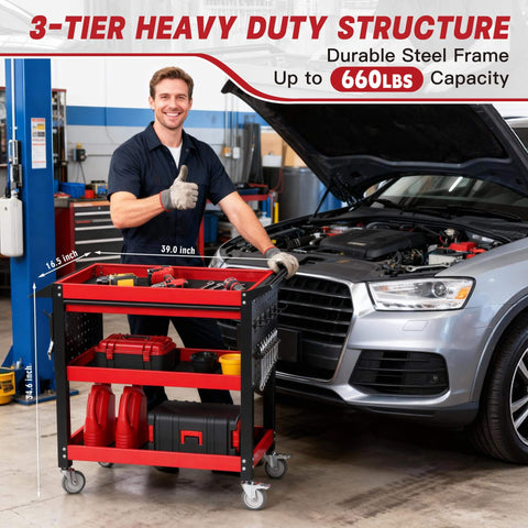 Heavy Duty 3 Tier Tool Cart On Wheels With Drawers And Pegboards For Garage And Workshop, Industrial Steel Rolling Utility Cart With 660 Lbs Load Capacity, Rust Resistant Powder Coated Finish, XCX next to a car in a garage
