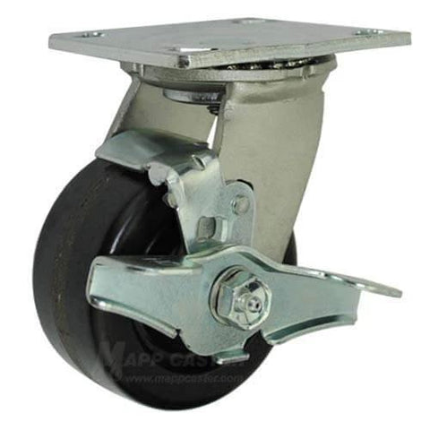 Toolbox Caster Set - Heavy Duty 4" Phenolic Wheels | 3,200 Lbs. Capacity, metal caster with mounting plate and brake.