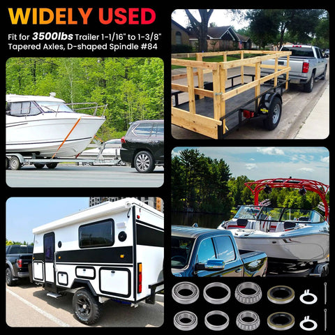 Heavy Duty Boat Trailer Bearing Kit Fits 1 3 8 Inch To 1 1 16 Inch Axles 3500 Lb Capacity One Point Seven One Nine Inch Grease Seal L68149 L44649 Spindle Compatible Includes 2 Sets Chrome Steel Bearings For Built To Last Durability And Quiet Operation, showing various trailer setups and components.