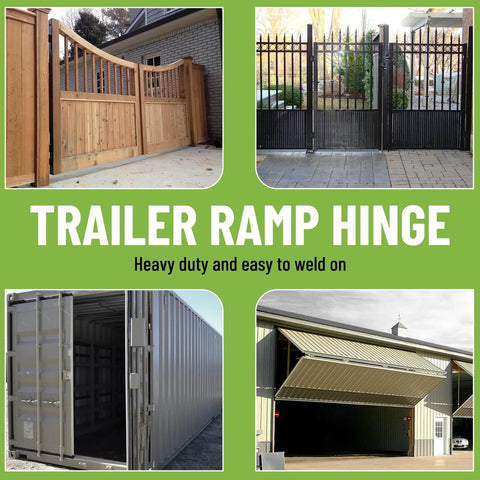 Composite image showcasing different gates and doors, highlighting the Ten Inch Weld On Trailer Ramp Hinge Heavy Duty Greasable Ramp Door Hinges Pack Of Four.