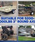Heavy-duty trailer U-bolts mounting kit for 3 inch round axles, designed for 5200-7000 lb loads, shown in use.