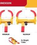 Heavy Duty Trailer Wheel Lock 2 Pack Adjustable Wheel Clamp Anti Theft Deterrent for Trailers SUVs Boats ATVs Motorcycles Golf Carts with Six Identical Keys Cartman showing size dimensions and weight