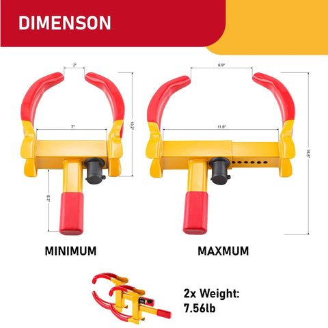 Heavy Duty Trailer Wheel Lock 2 Pack Adjustable Wheel Clamp Anti Theft Deterrent for Trailers SUVs Boats ATVs Motorcycles Golf Carts with Six Identical Keys Cartman showing size dimensions and weight