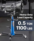 Heavy Duty Transmission Jack Lift With 1100 Lbs Capacity, 33 To 67 Inch Hydraulic Telescoping Stand, 2 Stage, Foot Pedal in garage