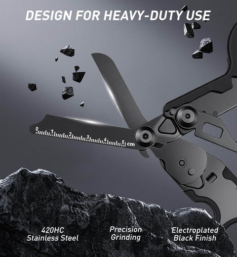 Close-up of 6 In 1 Trauma Shears Foldable Kit With Heavy Duty Emergency Tools, featuring electroplated black blades cutting through debris.