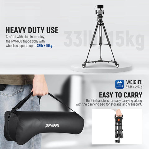 Photography Tripod Dolly with 3" Rubber Wheels, Heavy Duty 50lbs Capacity, carrying case shown, designed for DSLR Cameras