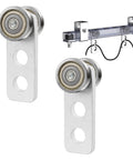 2 Pack Heavy Duty Trolley Assembly with 2 Wheel Steel Rollers for 1-5/8 Inch Strut Channel, shown with installation example.