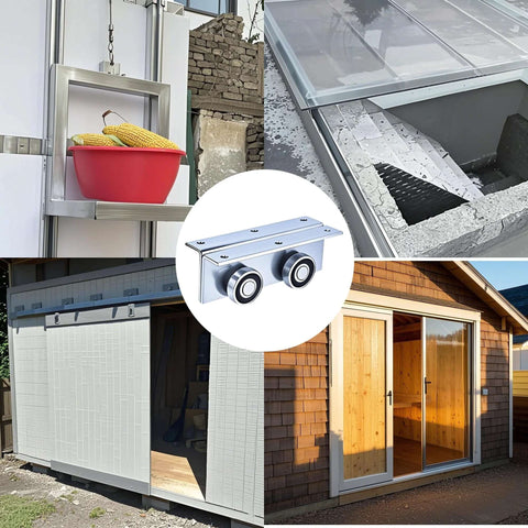 4 Wheel Heavy Duty Trolley Assembly for Barn Doors or Shed Sliding Doors, Compatible with 1-5/8 Inch Wide or Taller Strut Channel, Galvanized Steel Construction, Strong Load Bearing Pin Shaft, 2 Packs shown in various installations including sliding door setup and close-up view.