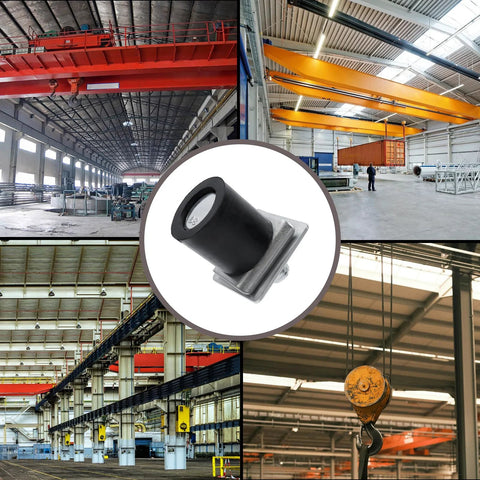 2 Pack Trolley Roller Wheels Limit Blocks For Strut Channel And Unistrut Sliding Doors in industrial setting.