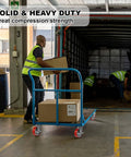 Person pushing a cart loaded with boxes, showcasing 6 inch heavy duty polyurethane caster wheels with brakes, industrial swivel casters.