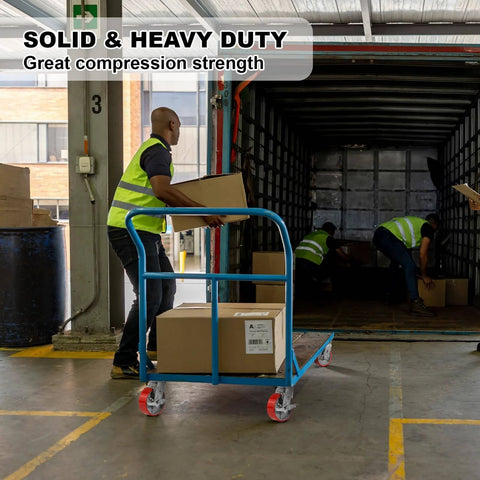 Person pushing a cart loaded with boxes, showcasing 6 inch heavy duty polyurethane caster wheels with brakes, industrial swivel casters.