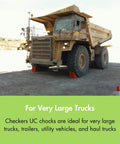 Extra Large Wheel Chock For 46 To 65 Inch Tires Heavy Duty Wheel Chock For Semi Trucks Utility Vehicles And Tractor Trailers 140K Lb Load Capacity Made In USA Polyurethane UC1210 securing a large truck