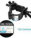 Heavy Duty Truss Clamp For Stage Lighting Fits 2 Inch Outer Diameter Truss Aluminum Alloy 6061 DJ Lights And Projectors PAR Lights Wrap Around Design 220 Pound Load Capacity 10 Pack TUV Certified ID 1111246880 with TUV certificate