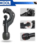 Heavy Duty Tube Cutter For Copper Brass Aluminum And PVC Pipes From One Eighth To One And Three Eighths Inch Range Matte Finish Includes Spare Blade And Reamer For Deburring Thin Stainless Steel Tubes, shown with blade close-up and reamer.