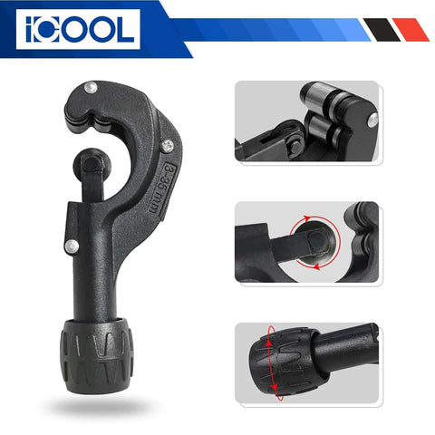 Heavy Duty Tube Cutter For Copper Brass Aluminum And PVC Pipes From One Eighth To One And Three Eighths Inch Range Matte Finish Includes Spare Blade And Reamer For Deburring Thin Stainless Steel Tubes, shown with blade close-up and reamer.