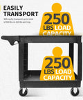 Heavy Duty 2 Shelf Service Cart MaxWorks 80855 With 500 Lb Capacity Polypropylene Utility Cart side view with load capacity signs