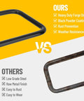 Comparison of black powder coated heavy duty forge steel and raw metal finish low grade steel; durability and rust prevention.