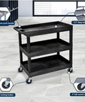 Heavy Duty Plastic Utility Cart For Warehouses And Workshops With Three Shelves 32 By 18 Rolling Tub Cart 300 Lb Capacity Ergonomic Push Handle Black By Luxor Built For Tough Jobs Hauls Heavy Loads In Warehouses Garages Shops Cafes And More