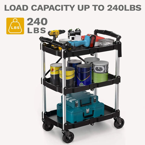 Heavy Duty Folding Utility Cart With 3 Tier Shelves DWVO 240 Lb Load Capacity Collapsible Rolling Cart With 360 Degree Swivel