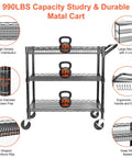 Heavy Duty Utility Cart With 990 Lbs Capacity, 3 Tier Rolling Kitchen Cart On Wheels, Commercial Grade Metal Serving Cart With Wire Shelves And Handle Bar, Black Finish BolDuck, with detailed features highlighted