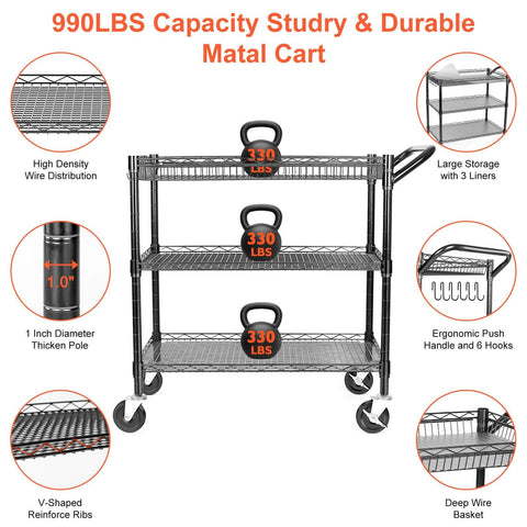 Heavy Duty Utility Cart With 990 Lbs Capacity, 3 Tier Rolling Kitchen Cart On Wheels, Commercial Grade Metal Serving Cart With Wire Shelves And Handle Bar, Black Finish BolDuck, with detailed features highlighted