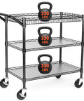 Heavy Duty Utility Cart With 990 Lbs Capacity, 3 Tier Rolling Kitchen Cart On Wheels, Commercial Grade Metal Serving Cart With Wire Shelves And Handle Bar, Black Finish BolDuck, showing three shelves with kettlebells on each.