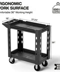 Heavy Duty Service Utility Cart With 36 Inch Ergonomic Height And 500 Pound Capacity, 18 Inch Wide Rolling Cart With 6 Inch Wheels