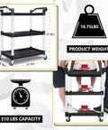 Heavy Duty Plastic Utility Cart With Wheels 510 Lb Capacity Three Tier Rolling Service Cart shown with dimensions
