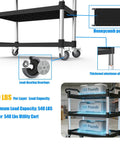 Heavy Duty Three Tier Rolling Utility Cart With Four Anti Tangling Lockable Quiet Casters And 540 Pound Capacity For Restaurant Office Warehouse Hotel And School Use Black 40 Inch Long By 19.5 Inch Wide By 37.8 Inch High, close-up of casters and shelves.