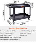 Heavy Duty 2 Shelf Utility Cart With 550 Lb Capacity And 360 Degree Swivel Wheels With Brakes, Large Lip Shelf, Ergonomic Handle