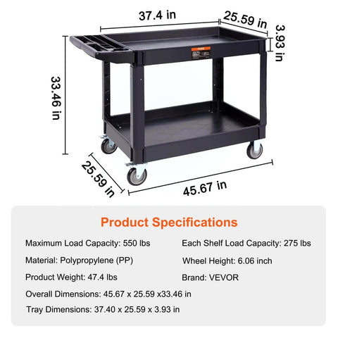 Heavy Duty 2 Shelf Utility Cart With 550 Lb Capacity And 360 Degree Swivel Wheels With Brakes, Large Lip Shelf, Ergonomic Handle