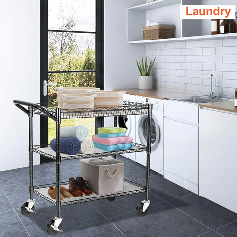 Heavy Duty Utility Cart With 990 Lbs Capacity, 3 Tier Rolling Kitchen Cart On Wheels, Commercial Grade Metal Serving Cart With Wire Shelves And Handle Bar, Black Finish BolDuck in a laundry room setting