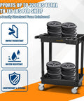 Heavy Duty 2 Shelf Utility Cart Built Tough With 28 By 19 Inches Industrial Plastic Build 330 Pounds Capacity Locking Swivel Wheels Multipurpose Service Rolling Cart For Home Office And Industrial Use, shown with stacked weights on both shelves.