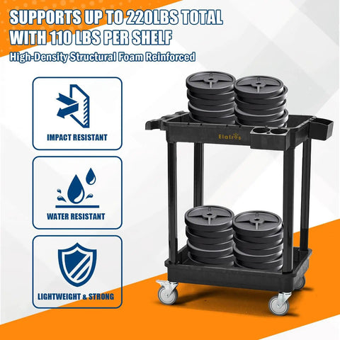 Heavy Duty 2 Shelf Utility Cart Built Tough With 28 By 19 Inches Industrial Plastic Build 330 Pounds Capacity Locking Swivel Wheels Multipurpose Service Rolling Cart For Home Office And Industrial Use, shown with stacked weights on both shelves.