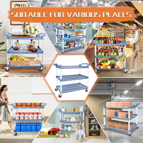 Heavy Duty Rolling Utility Cart with Lockable Wheels 600 lb Capacity in various settings for kitchen, office, and warehouse use.