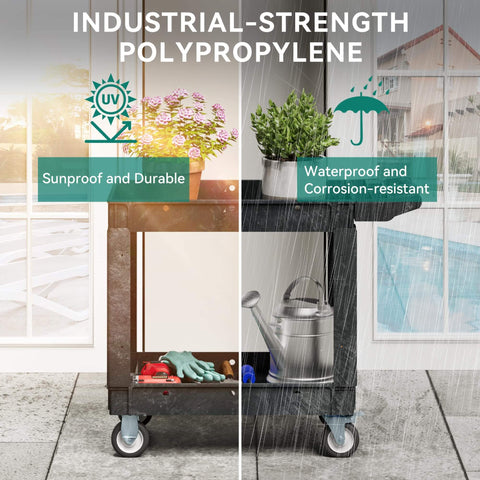 Heavy Duty Plastic Utility Cart On Wheels With 550 Lb Capacity 2 Shelf Rolling Service Cart For Warehouse Garage School And Office Cleaning YITAHOME Black in sunlight and rain demonstrating sunproof and waterproof features.
