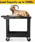 Heavy Duty Plastic Utility Cart With Flat Top And Swivel Wheels From Elafros, 550 Lb Capacity, black cart with goat sitting on top