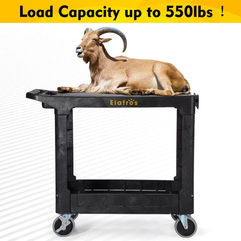 Heavy Duty Plastic Utility Cart With Flat Top And Swivel Wheels From Elafros, 550 Lb Capacity, black cart with goat sitting on top