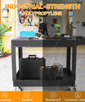 Beefy Heavy Duty Plastic Utility Cart With Flat Top And Two Shelves, 45.87 X 25.2 Inches Work Cart Holds Up To 550 Lbs, 360 Degree Swivel Wheels With Brakes, Rust Resistant Black shown in outdoor setup with tools.