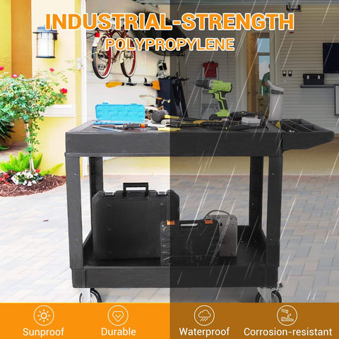 Beefy Heavy Duty Plastic Utility Cart With Flat Top And Two Shelves, 45.87 X 25.2 Inches Work Cart Holds Up To 550 Lbs, 360 Degree Swivel Wheels With Brakes, Rust Resistant Black shown in outdoor setup with tools.