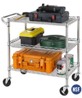 Heavy Duty Commercial Grade Utility Cart With Three Tiers And Handle Bar Steel Wire Rolling Cart With Wheels For Kitchen Workshop Or Food Storage NSF Listed Durable Plant Display Shelf Trolley Finnhomy with tools and supplies stacked.