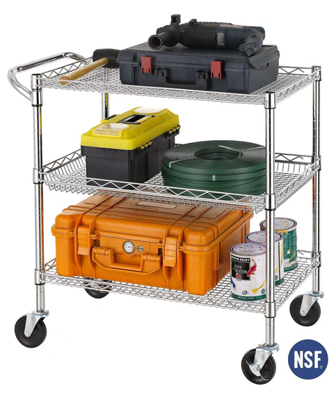 Heavy Duty Commercial Grade Utility Cart With Three Tiers And Handle Bar Steel Wire Rolling Cart With Wheels For Kitchen Workshop Or Food Storage NSF Listed Durable Plant Display Shelf Trolley Finnhomy with tools and supplies stacked.