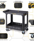 Heavy Duty Plastic Utility Cart With Flat Top And Swivel Wheels From Elafros, 550 Lb Capacity, 37 By 18.8 In, Black