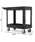 Heavy Duty Plastic Utility Cart On Wheels With 1000 Lb Capacity And 2 Shelves DWVO Rolling Service Cart, side view