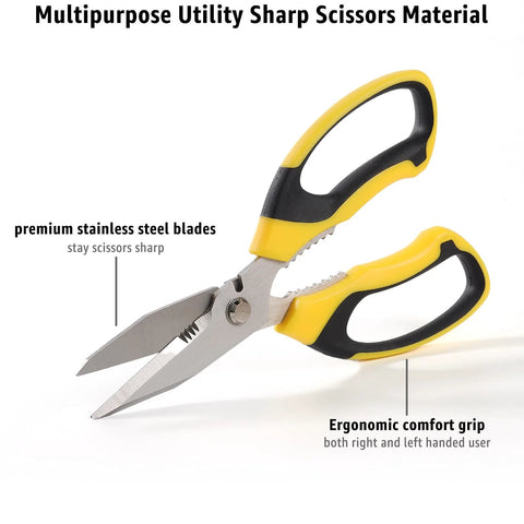 Heavy Duty 8 Inch Utility Scissors With Serrated Blades for cutting carpet, cardboard, wire, leather, fabric, rubber, plastic, and thick materials