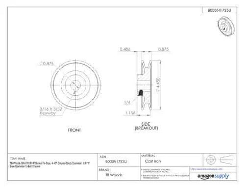 Dimensional diagram of Heavy Duty Bored To Size V Belt Sheave With Quick Detachable Bushings, 4.45 Inch Outer Diameter And 0.875 Inch Bore